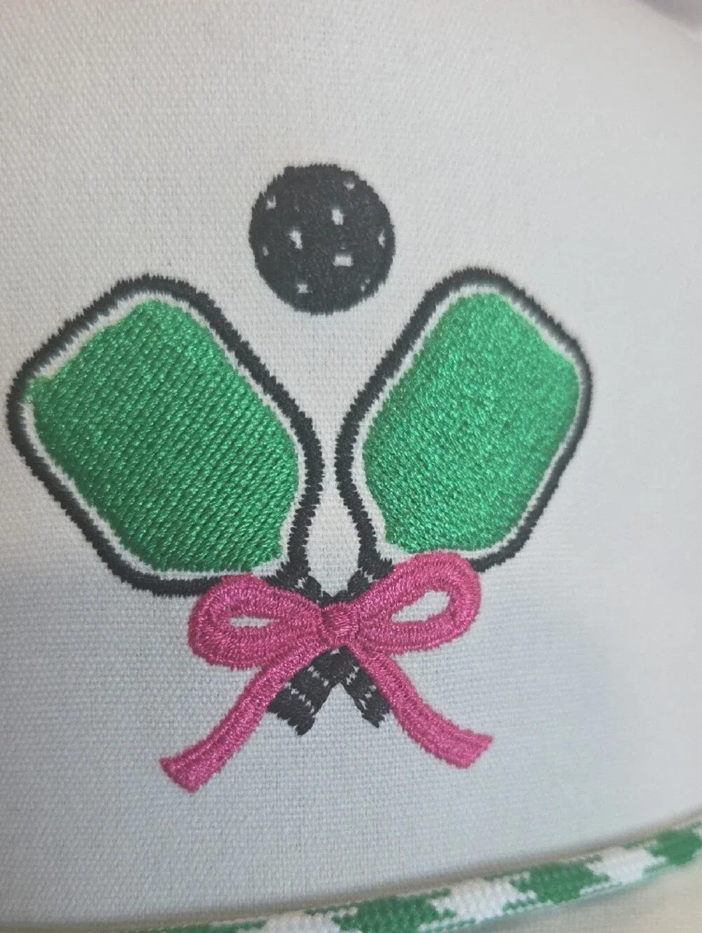 David And Young White Cap with Green Pickleball Paddle Design and Pink Bow